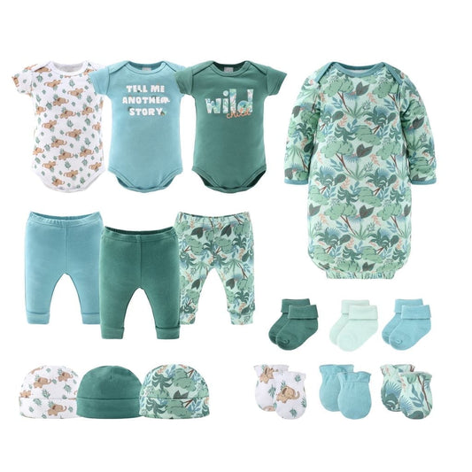 The Peanutshell Newborn Layette Gift Set for Baby Boys or Girls, Blue Green Wild Jungle, 16 Essential Pieces, 0-3 Months