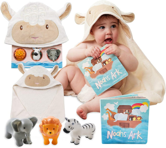 Tickle & Main Noahs Ark Toy Gift Set, 5-Piece Set Includes Book, Hooded Towel, & 3 Squirt Toys for Toddlers & Kids