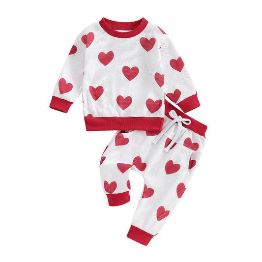 Toddler Boys Girls Fall Outfits Heart Print Long Sleeve Waffle Sweatshirts and Long Pants 2Pcs Valentine's Day Clothes Set