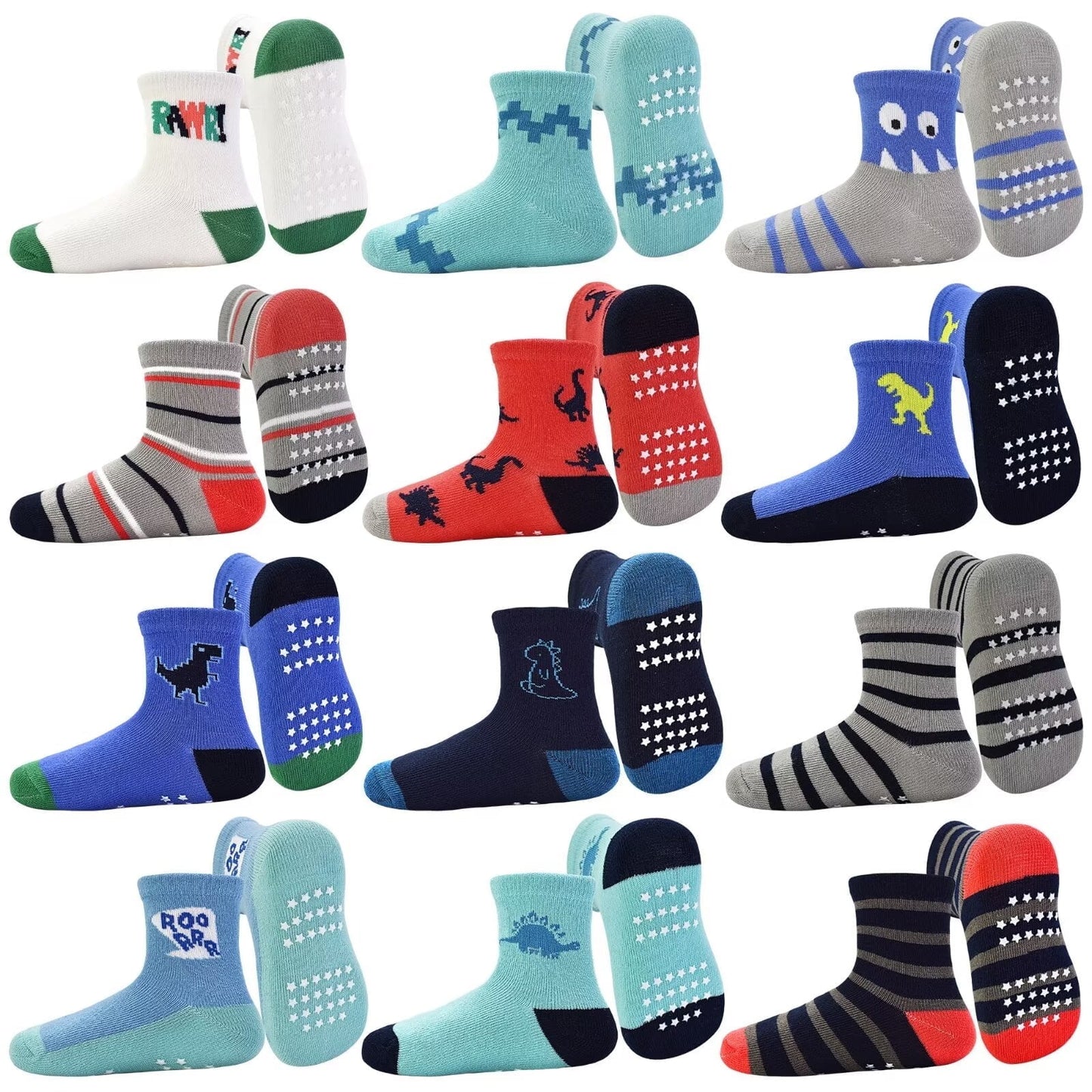 Toddler Grip Socks 12 Pairs Non Slip Baby Socks Cute Crew Anti Skid Socks for 0-7 Years Baby Boys Kids (01 Jurassic century,1-3T)