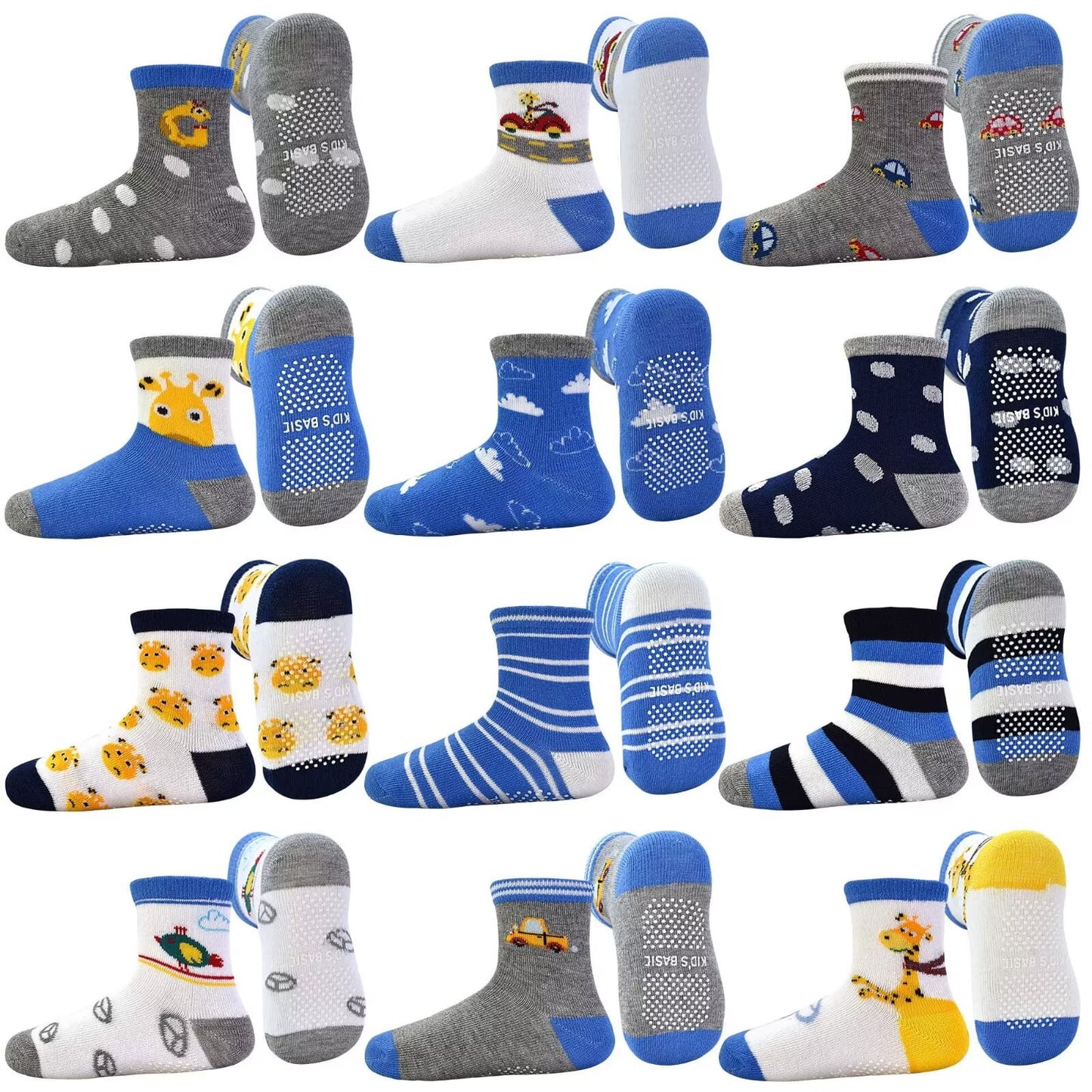 Toddler Grip Socks 12 Pairs Non Slip Baby Socks Cute Crew Anti Skid Socks for 0-7 Years Baby Boys Kids (01 Jurassic century,1-3T)