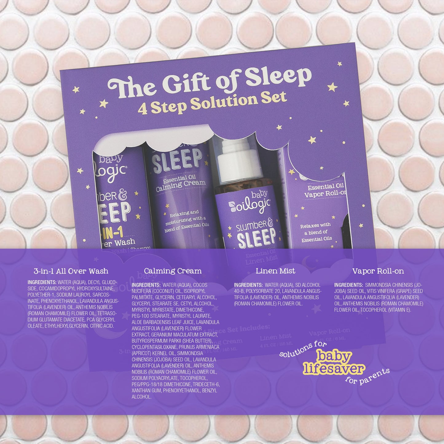 Oilogic, The Gift of Sleep, Baby Sleep Bundle using Essential Oils, Essential Oil Roll on .2 oz, All-Over Wash 9 oz, Calming Cream 5 oz, Linen Mist, 4 oz