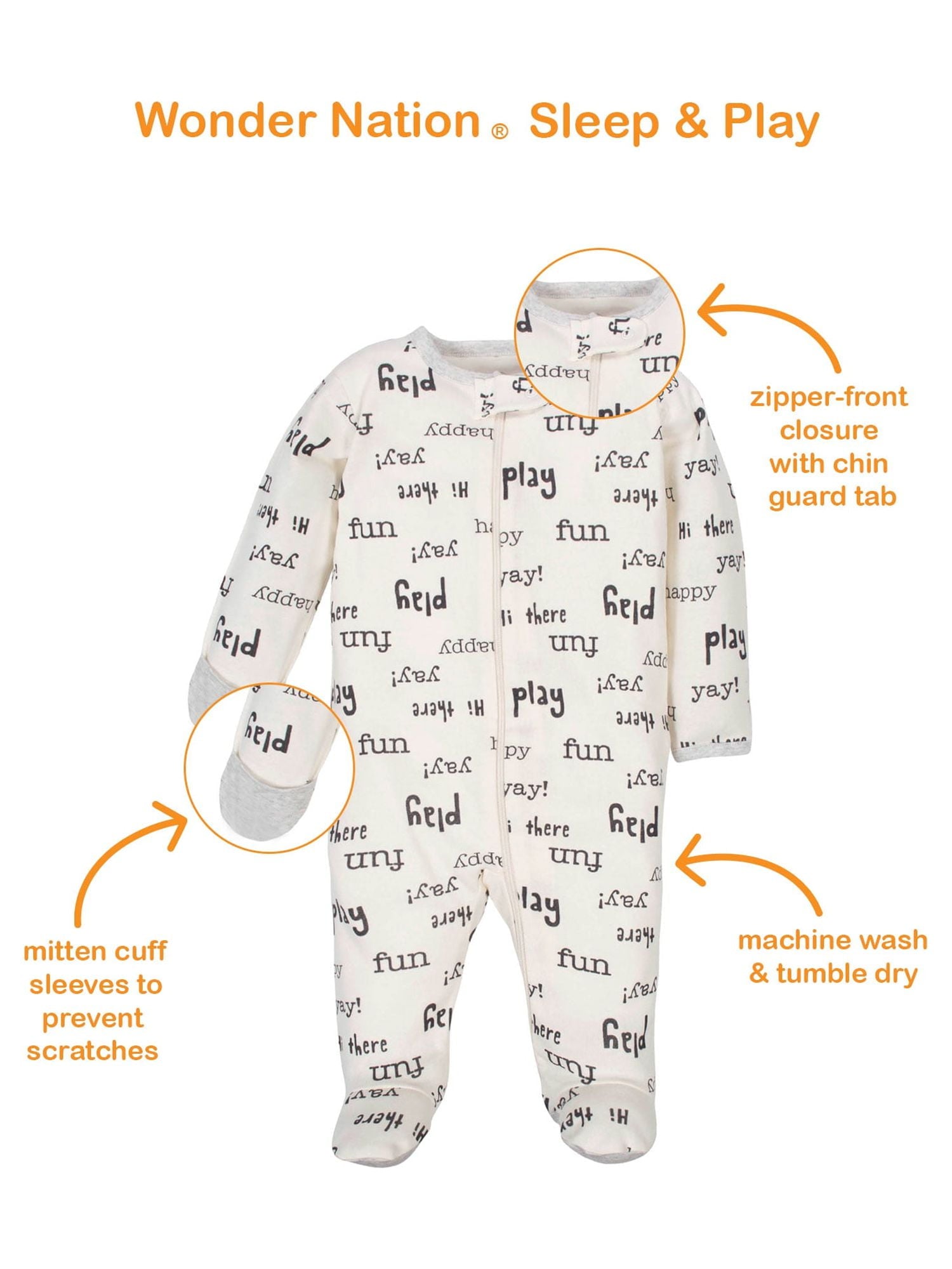 Wonder Nation Baby Neutral Zip Up Sleep ‘N Play Footed Pajamas, 2-Pack, Sizes Newborn - 6/9 Months