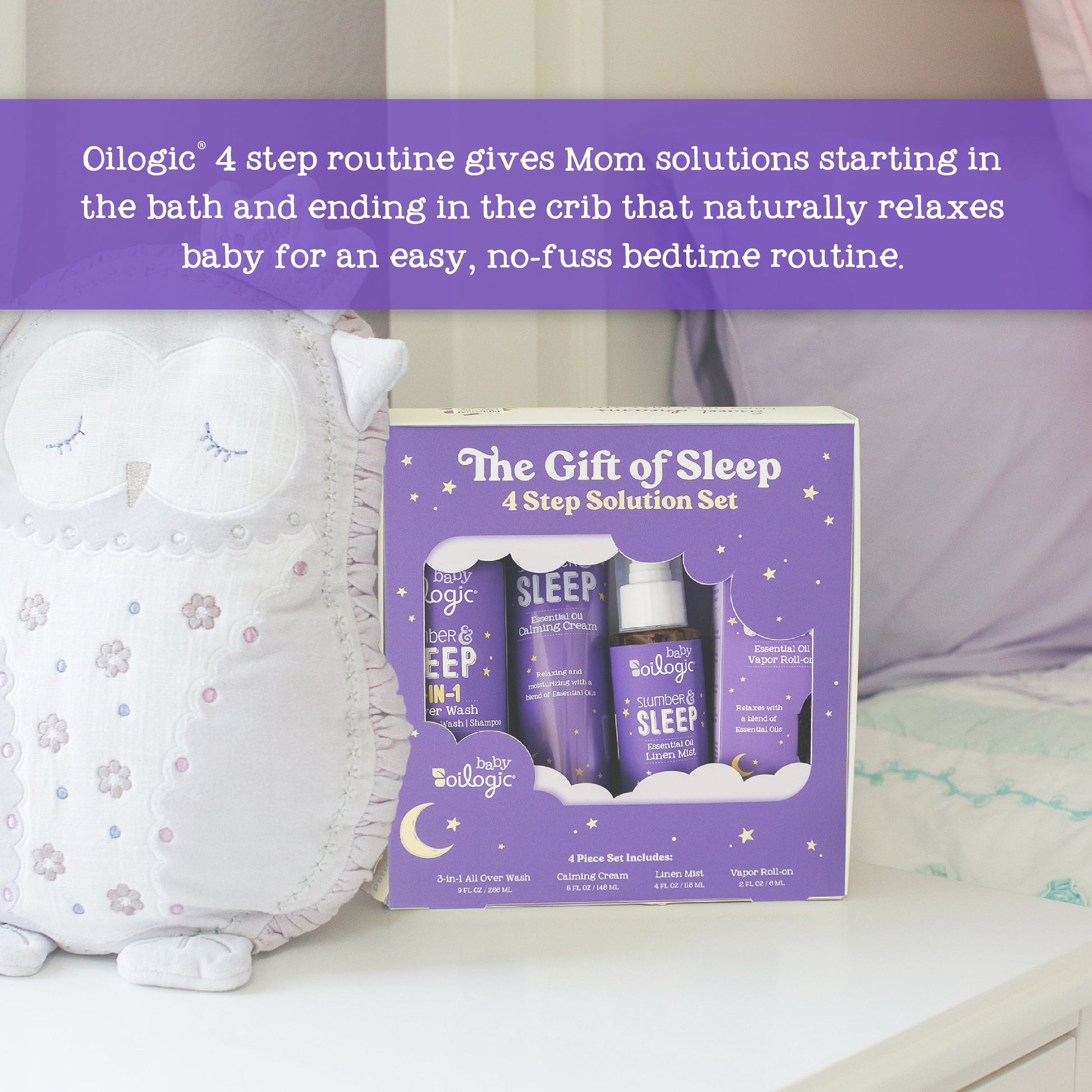 Oilogic, The Gift of Sleep, Baby Sleep Bundle using Essential Oils, Essential Oil Roll on .2 oz, All-Over Wash 9 oz, Calming Cream 5 oz, Linen Mist, 4 oz