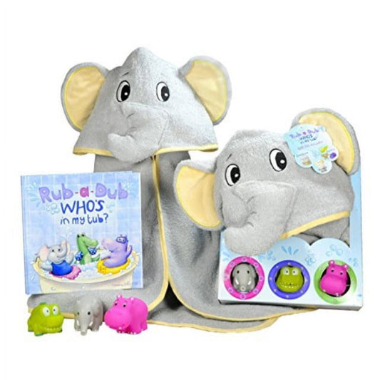 baby gift set- rub a dub, who's in my tub? 5 piece bath set includes elephant hooded towel, 3 jungle safari squirt toys, and book. adorable baby shower gifts for boys and girls!