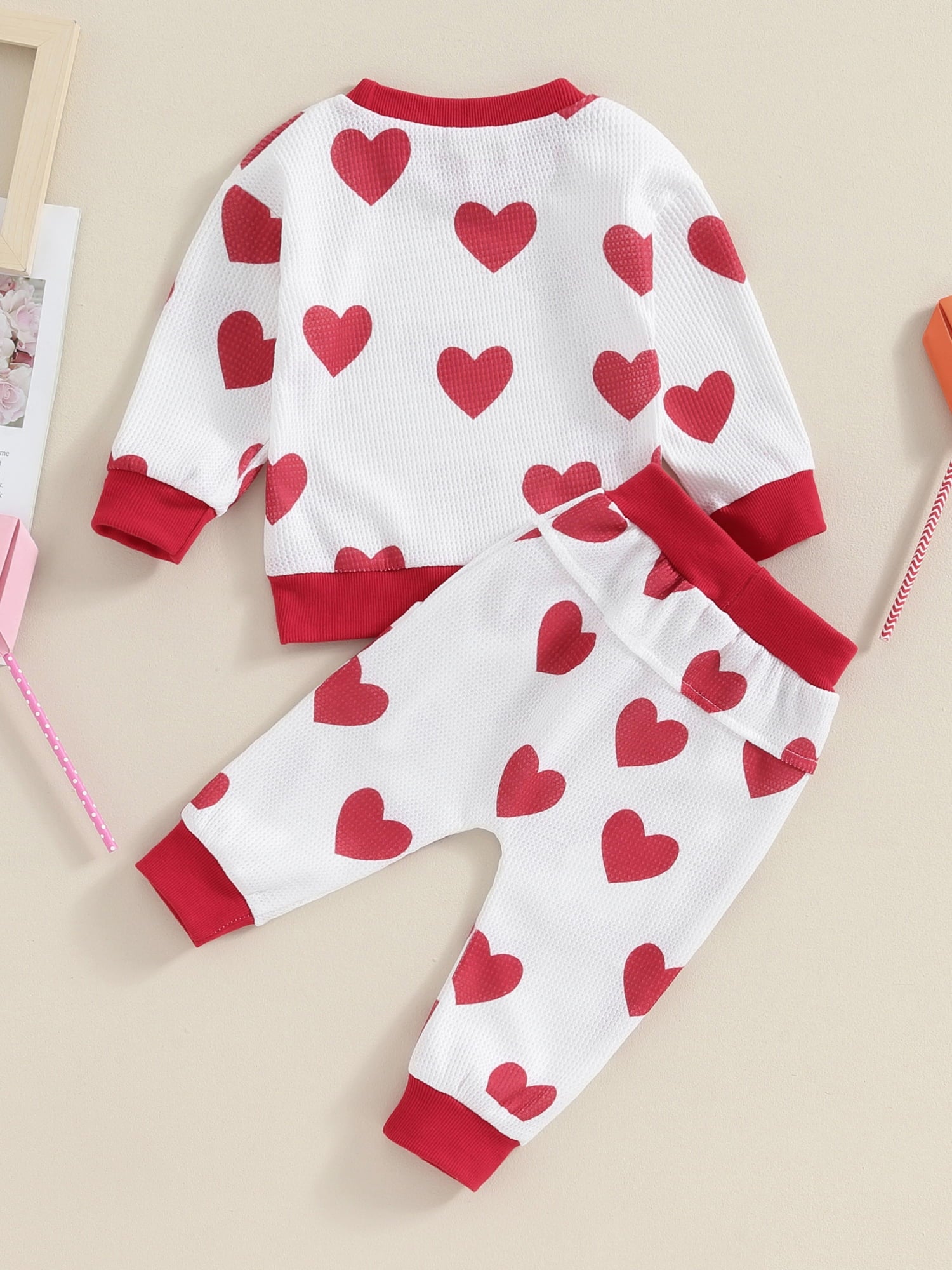Toddler Boys Girls Fall Outfits Heart Print Long Sleeve Waffle Sweatshirts and Long Pants 2Pcs Valentine's Day Clothes Set