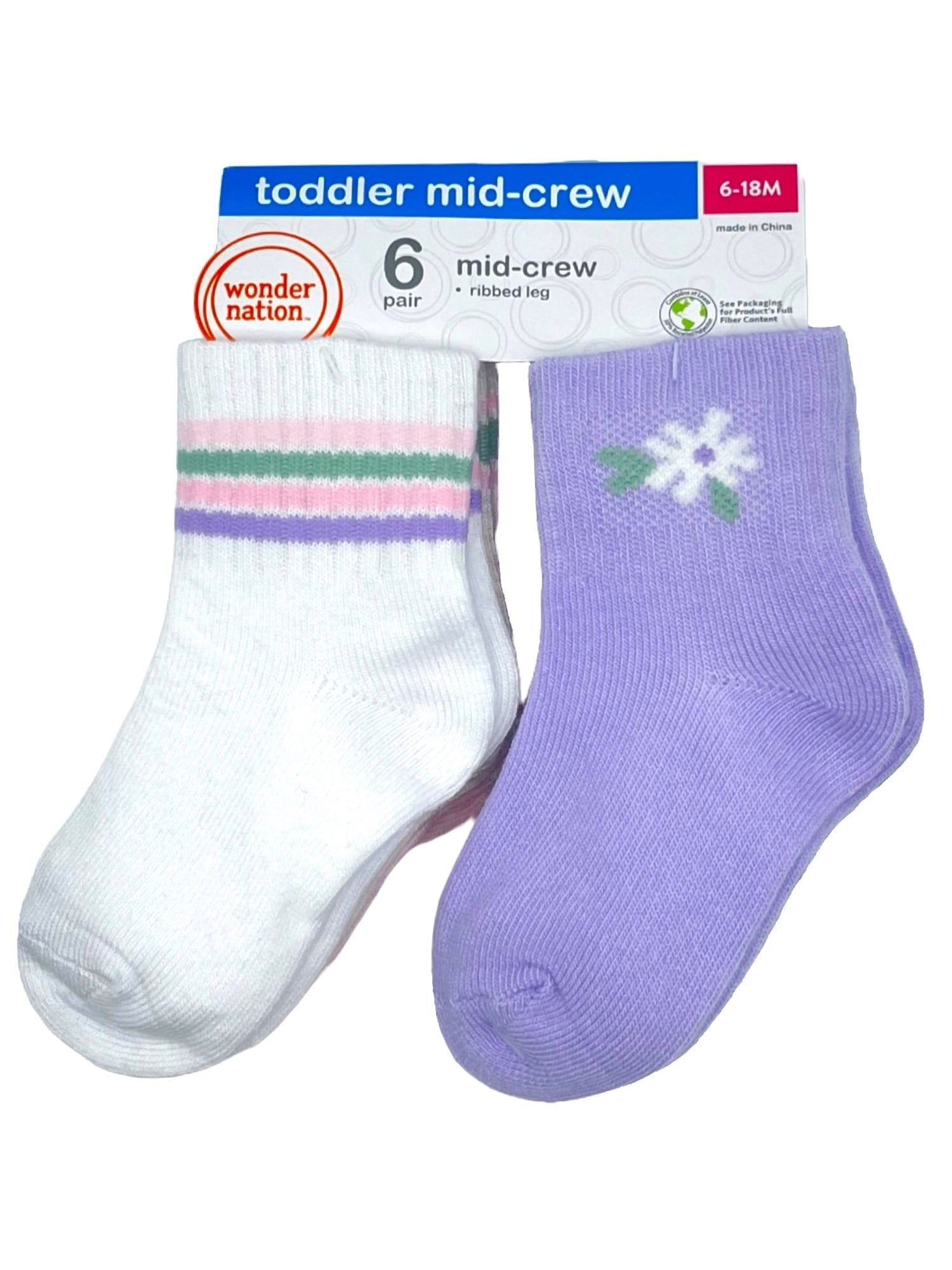 Wonder Nation Baby and Toddler Girls Mid-Crew Socks, 6-Pack, Sizes 0M-5T