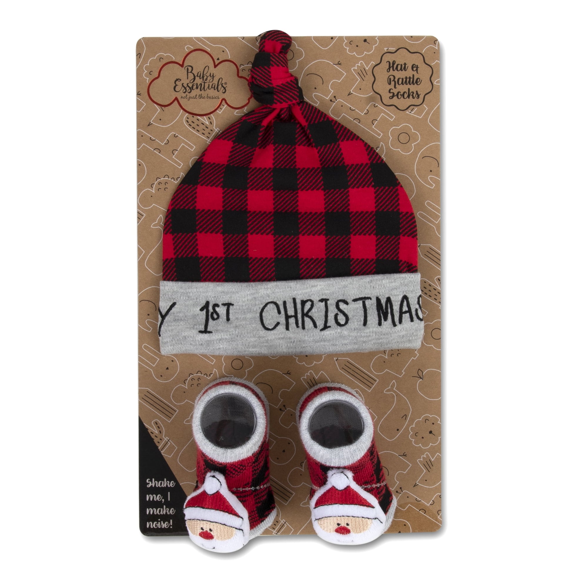 Baby Essentials My First Christmas Beanie Hat and Plush Rattle Santa Socks Set for Newborns and Infants 0 – 6 Months for Christmas, Holiday, Celebrations, Family Gatherings and Photos in Red Plaid