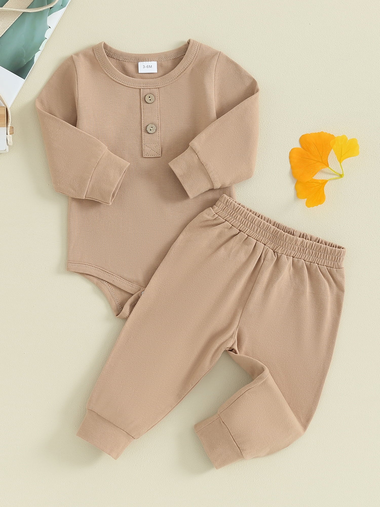 FEORJGP Infant Boys 2PCS Outfit Newborn Baby Long Sleeve Bodysuit Crew Neck Button Romper Solid Color Pants Sets for Toddler Fall Loose Casual Clothes Set