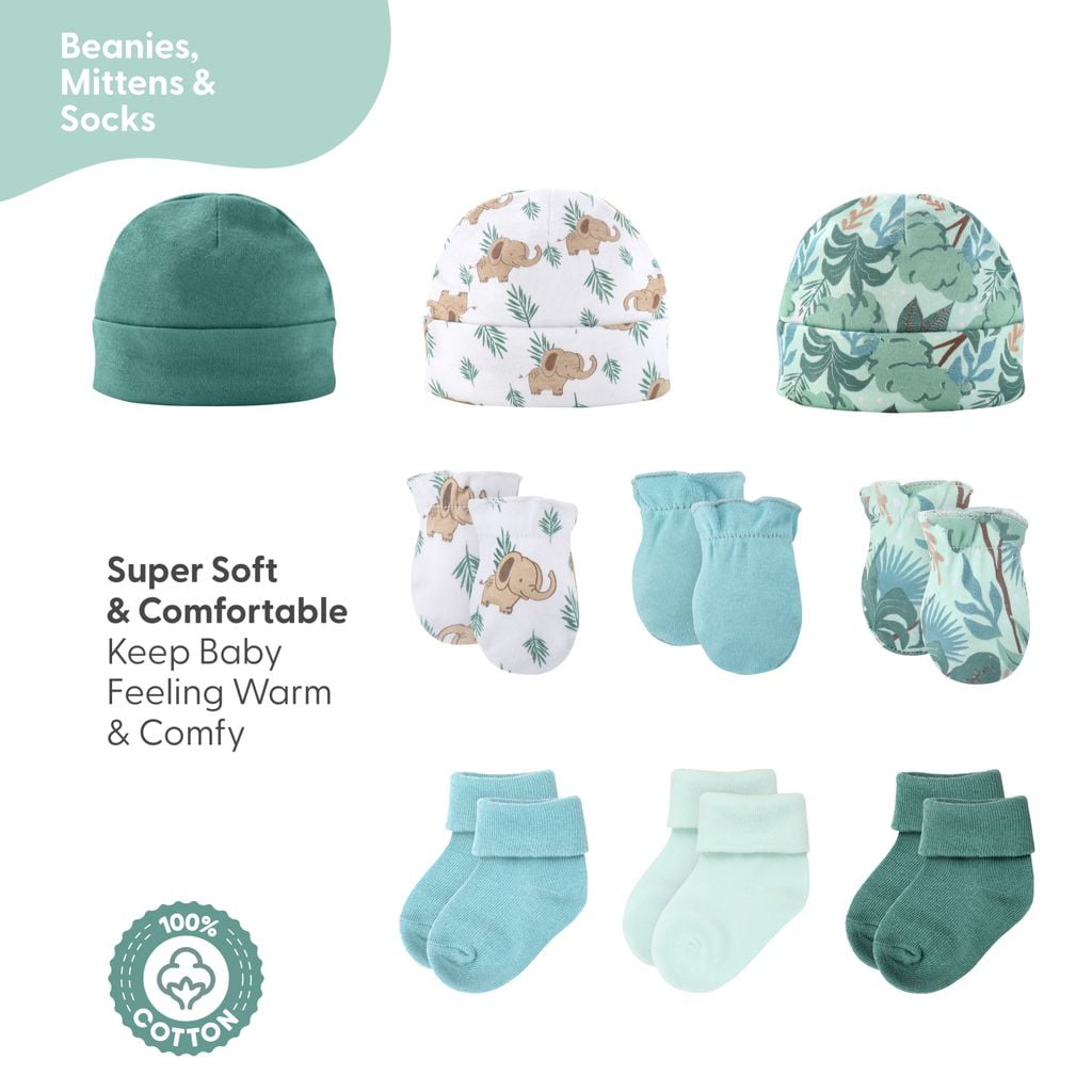 The Peanutshell Newborn Layette Gift Set for Baby Boys or Girls, Blue Green Wild Jungle, 16 Essential Pieces, 0-3 Months
