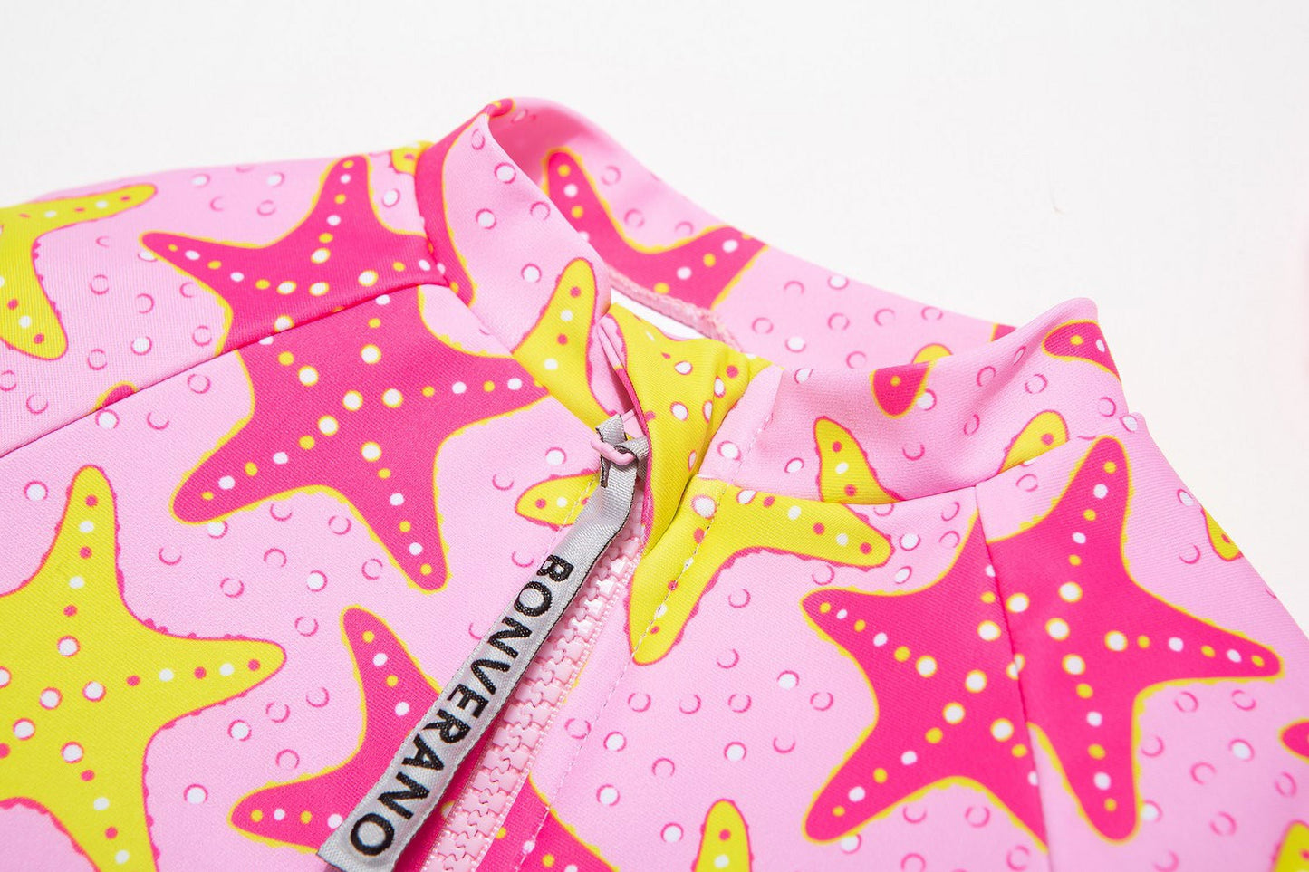 BONVERANO Baby Girls Swimsuit UPF 50+ Sun Protection, Long Sleeve Zipper One Piece Swimwear, Ruffle Toddler Bathing Suit（Starfish 9-12months）