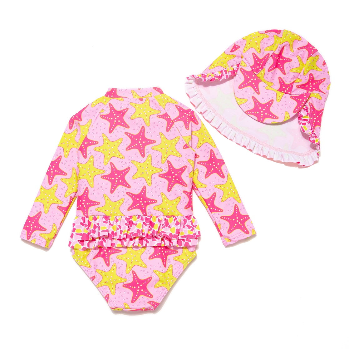 BONVERANO Baby Girls Swimsuit UPF 50+ Sun Protection, Long Sleeve Zipper One Piece Swimwear, Ruffle Toddler Bathing Suit（Starfish 9-12months）