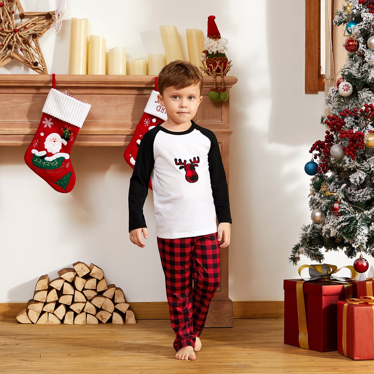 PatPat Christmas Pajamas Plaid Deer Family Matching Women Pajamas Sets for Men Baby Kids Girls Boys, Black/White, 6-7 Years